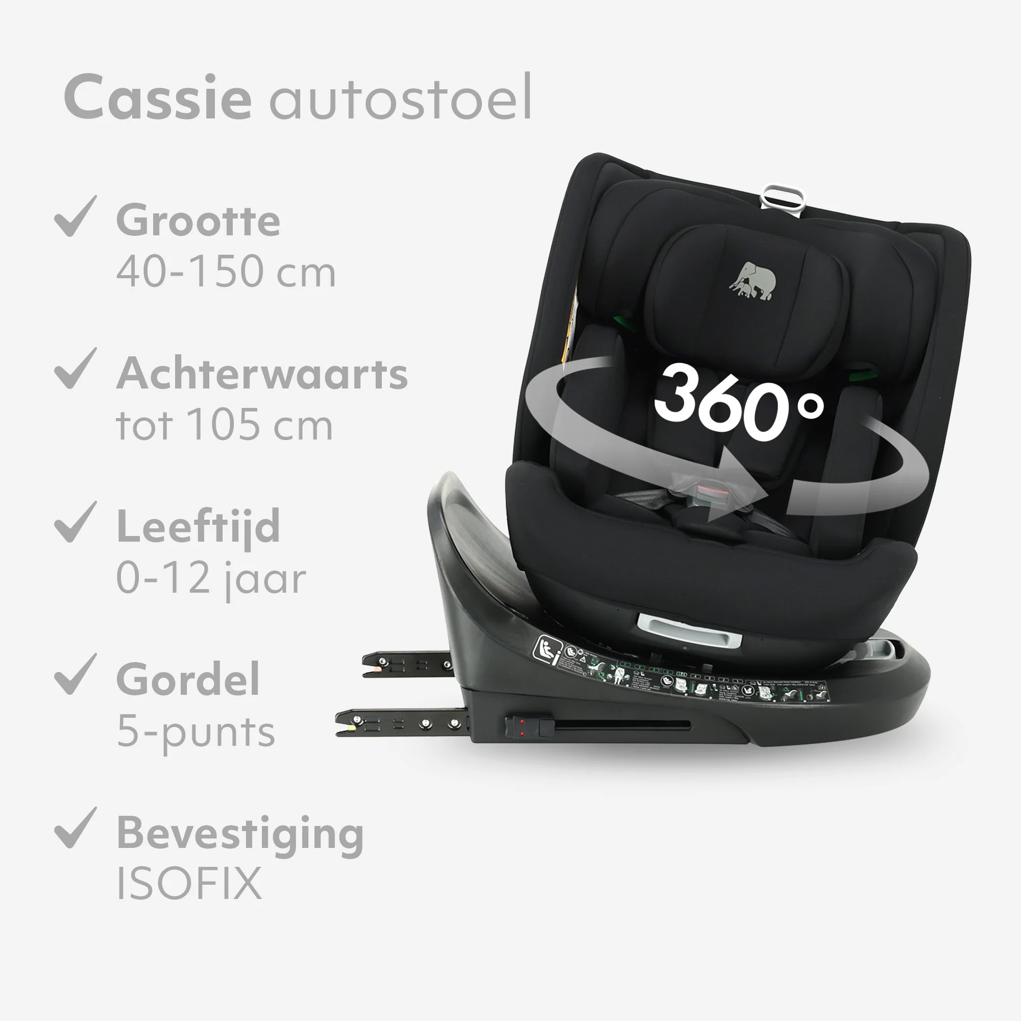 Fotelik samochodowy Cassie Luxe I-size – Grupa 0-1-2-3 – Isofix – Obrotowy o 360° – Czarny - Image 3