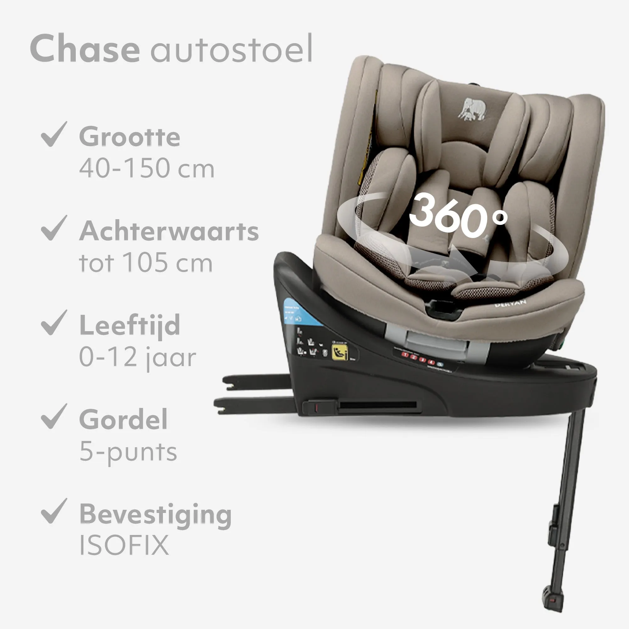 Fotelik samochodowy Chase Luxe i-Size/i-SIX 360° z podpórką, 40–150 cm – 0–36 kg – Truffle Sand - Image 6