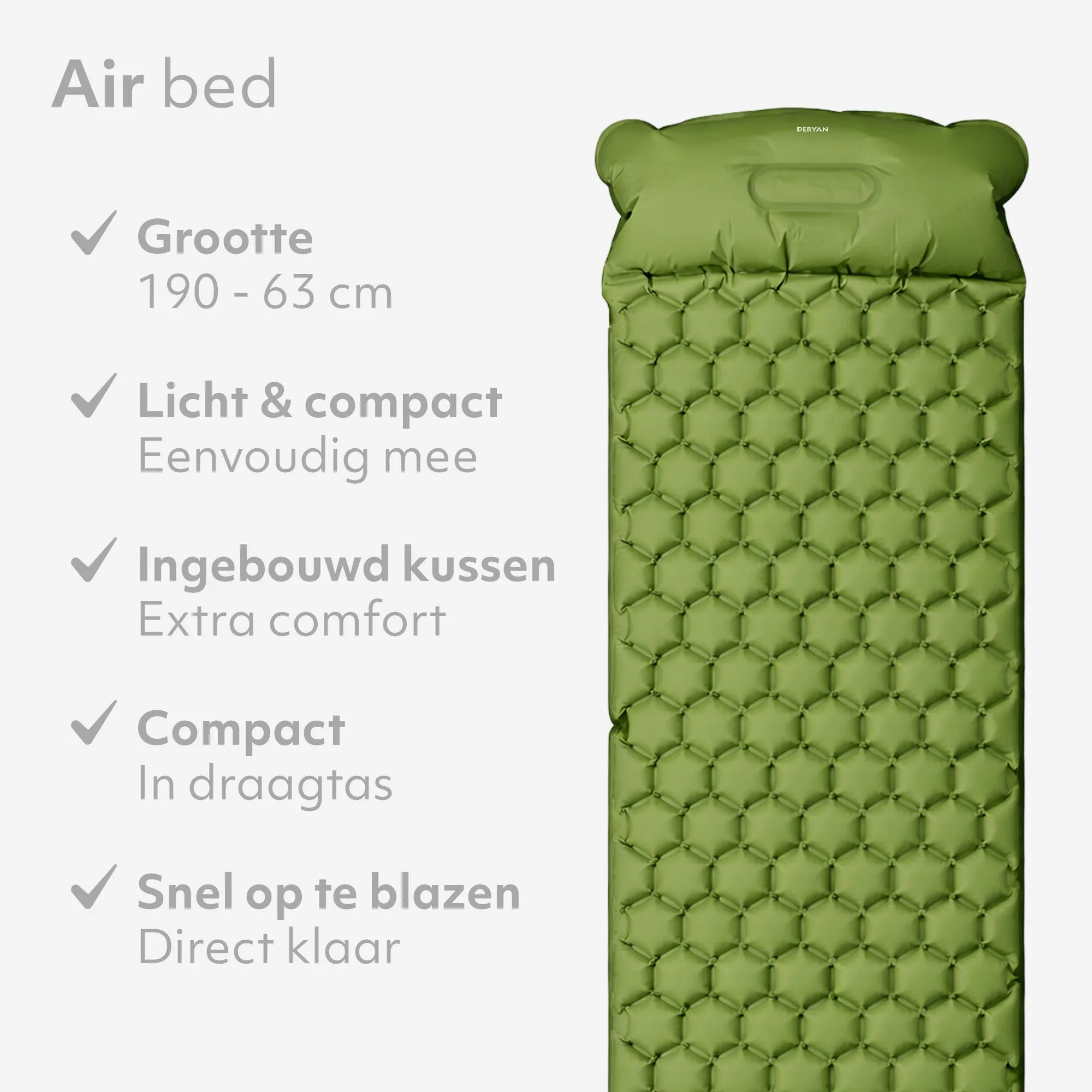 Deryan Bed – materac dmuchany na kemping – w zestawie z torbą – zielony - Image 3