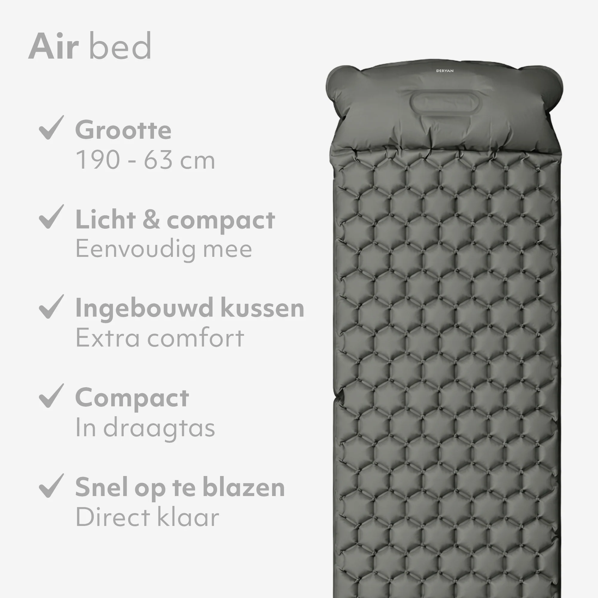 Deryan Bed – materac dmuchany na kemping – w zestawie z torbą – szary - Image 3