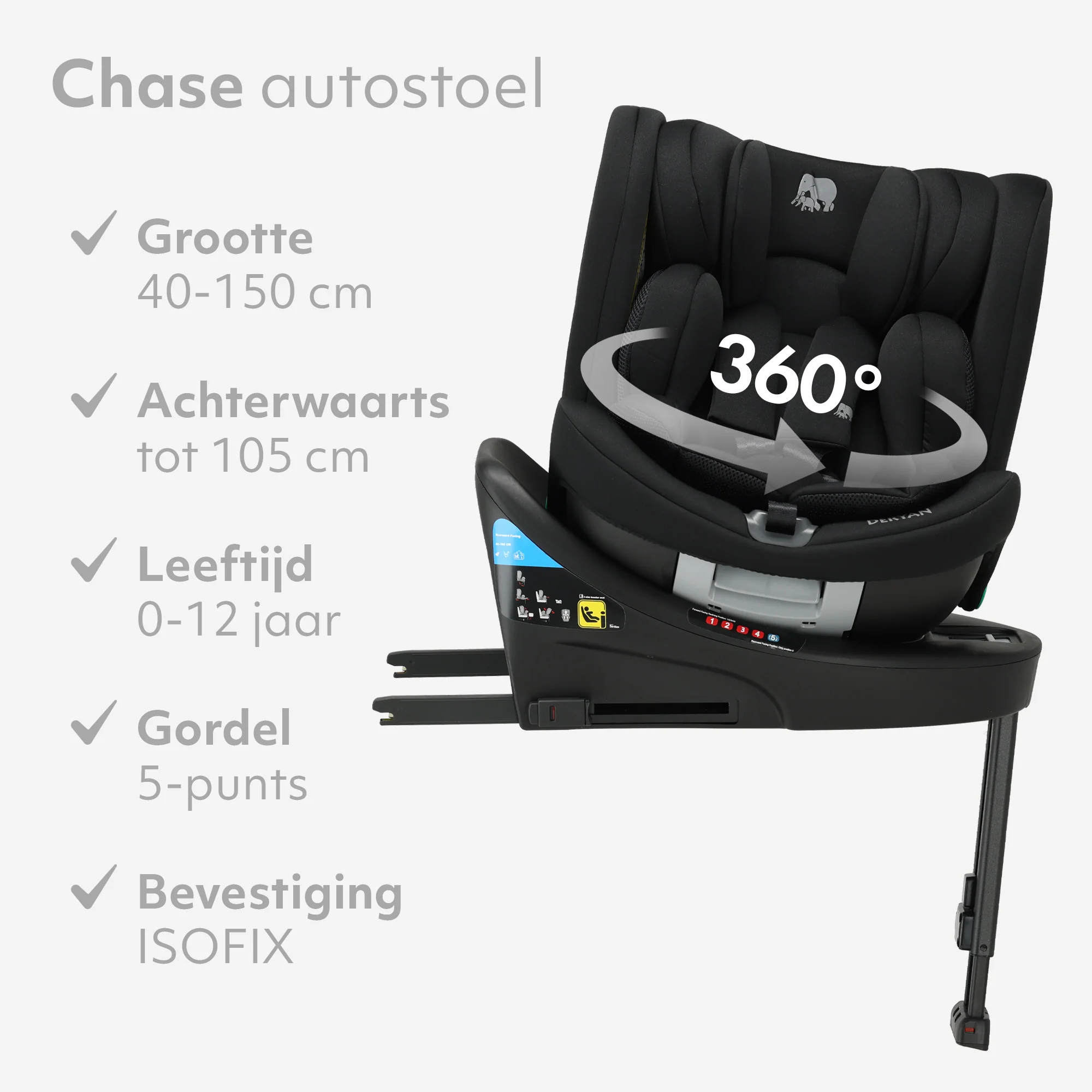 Fotelik samochodowy Chase Luxe i-Size – 0–36 kg – nóżka Isofix – obrót o 360 stopni – czarny - Image 6