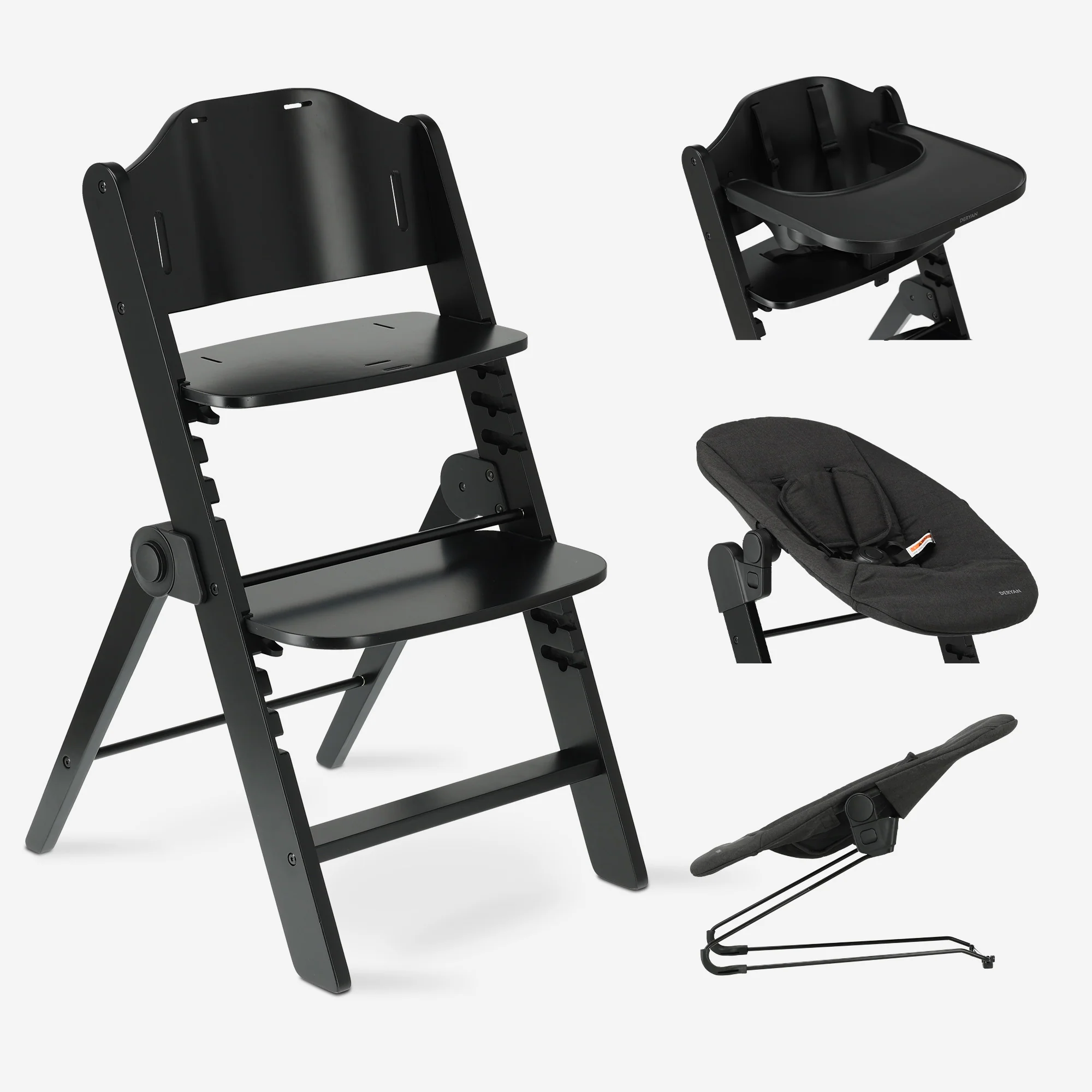 Odin Luxury Wooden Growing Chair High Chair with Bouncer - Zawiera tacę do jedzenia - Regulowane krzesełko do karmienia - Czarne