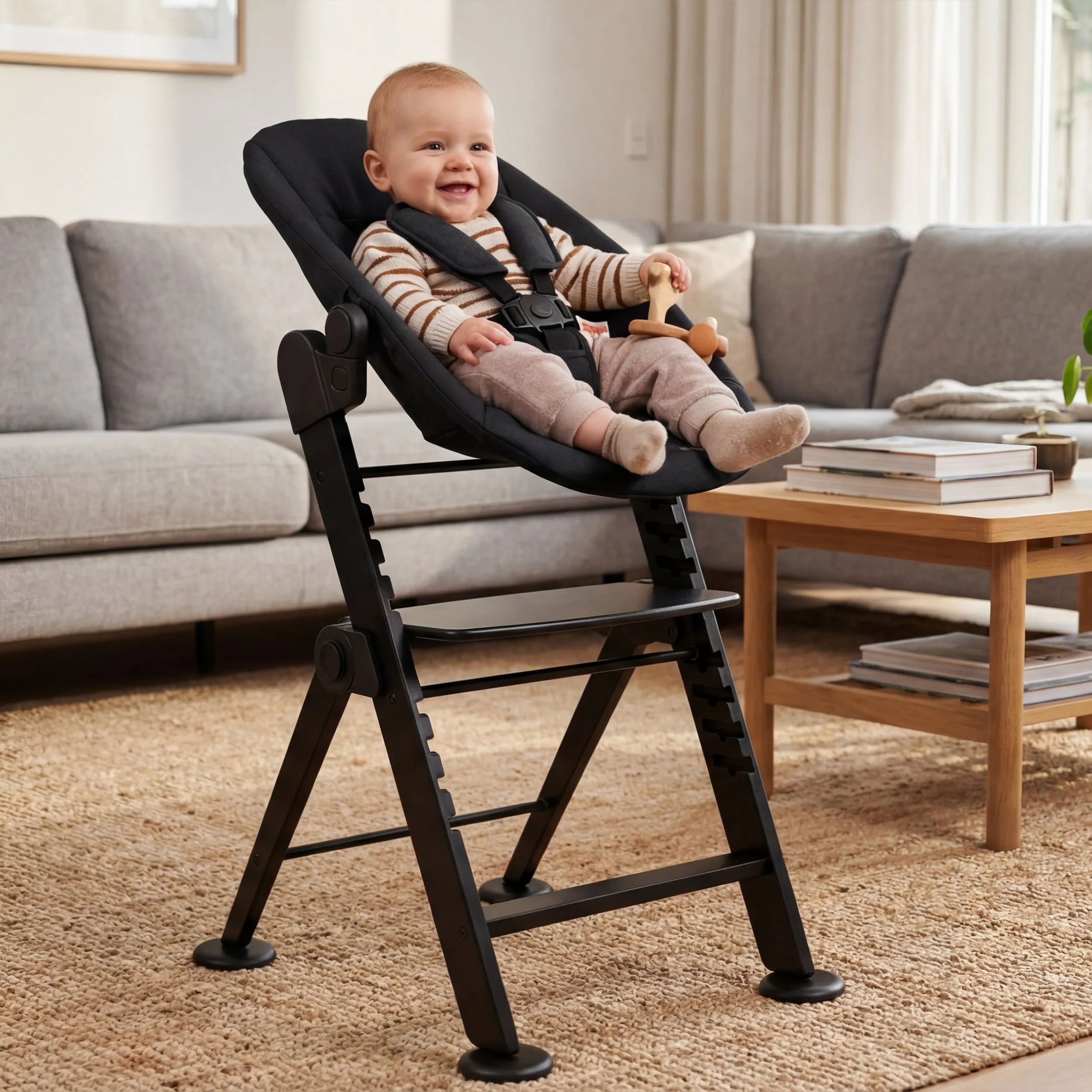 Odin Luxury Wooden Growing Chair High Chair with Bouncer - Zawiera tacę do jedzenia - Regulowane krzesełko do karmienia - Czarne - Image 7