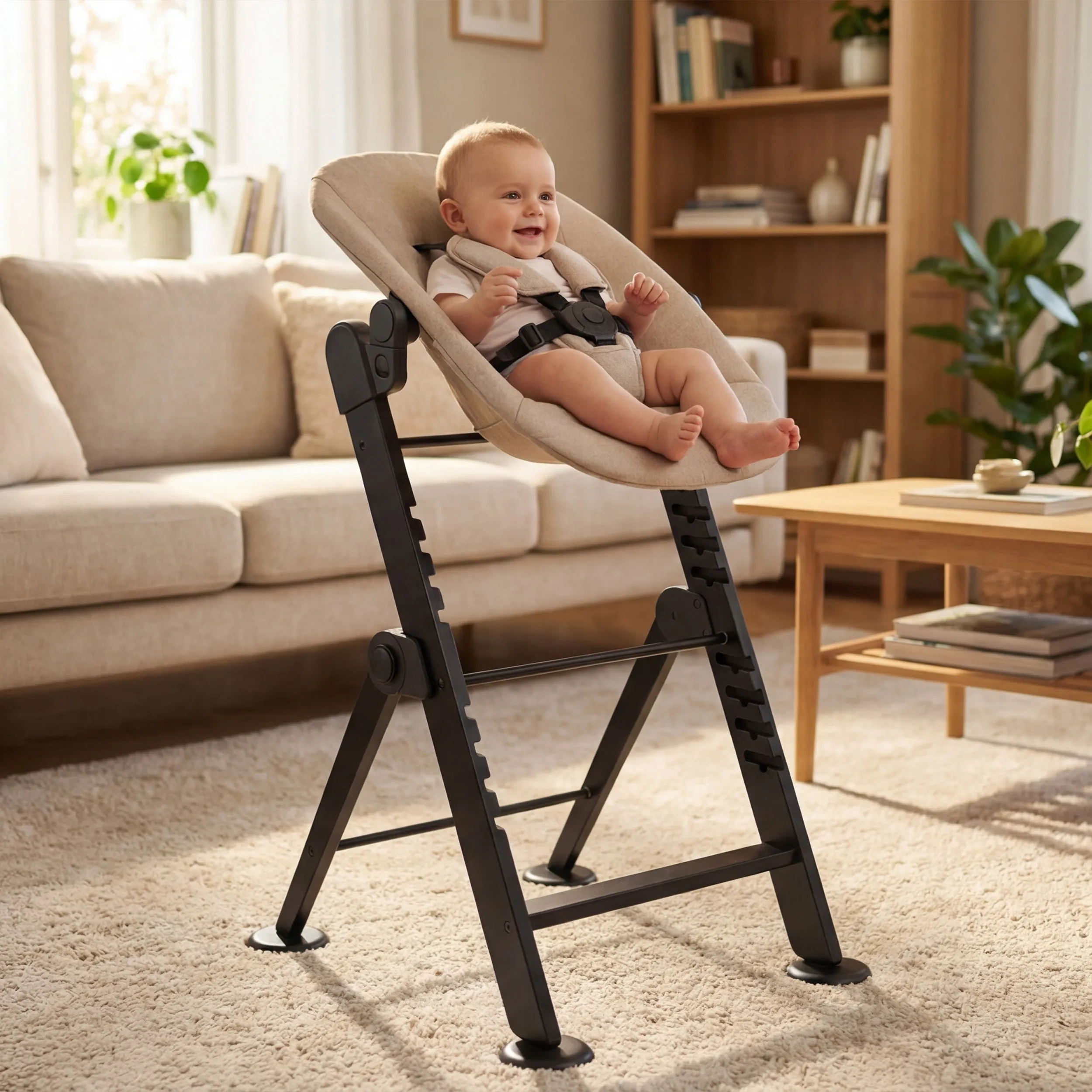 Odin Luxury Wooden Growing Chair Wysokie krzesełko do karmienia z leżaczkiem - zawiera tacę do jedzenia - regulowane wysokie krzesełko - Nougat - Image 7